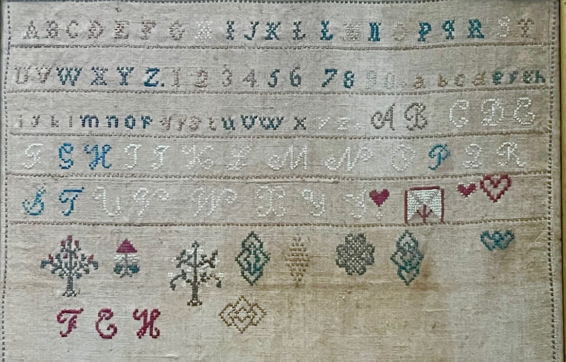 Dated 1869 Silk on Linen Alphabet Sampler – Florence Estella Hayner – American: Dated 1869 Silk on Linen Alphabet Sampler – Florence Estella Hayner – American Schoolgirl Needlework, Dated 1869, this American schoolgirl sampler is worked in silk thread on linen ground