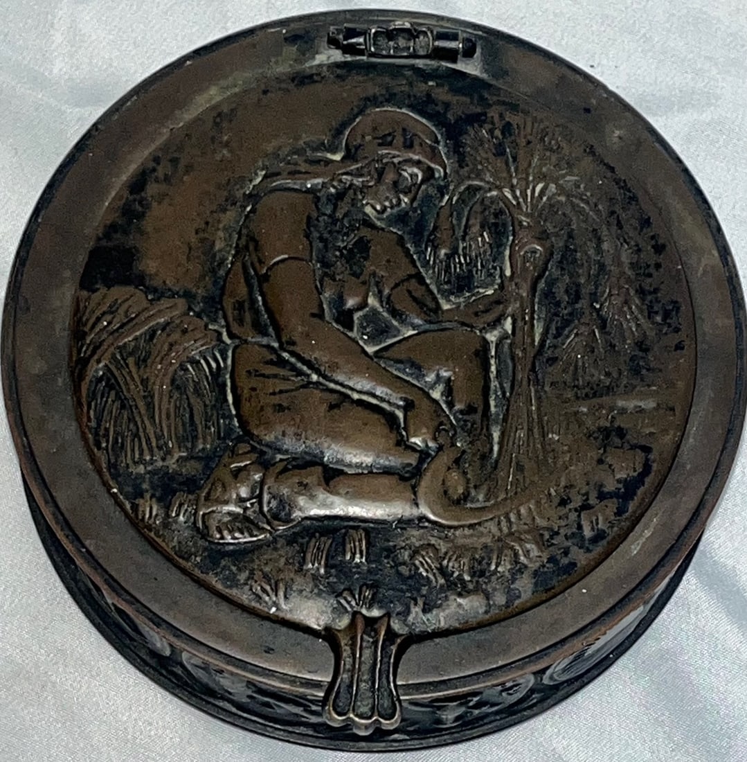 Antique Art Nouveau Zodiac Relief Bronze Box – Figural Maiden Lid, Signed & Numbered: Antique Art Nouveau Zodiac Relief Bronze Box – Figural Maiden Lid, Signed & Numbered, antique Art Nouveau bronze round lidded box featuring a beautifully sculpted high-relief maiden seated in a