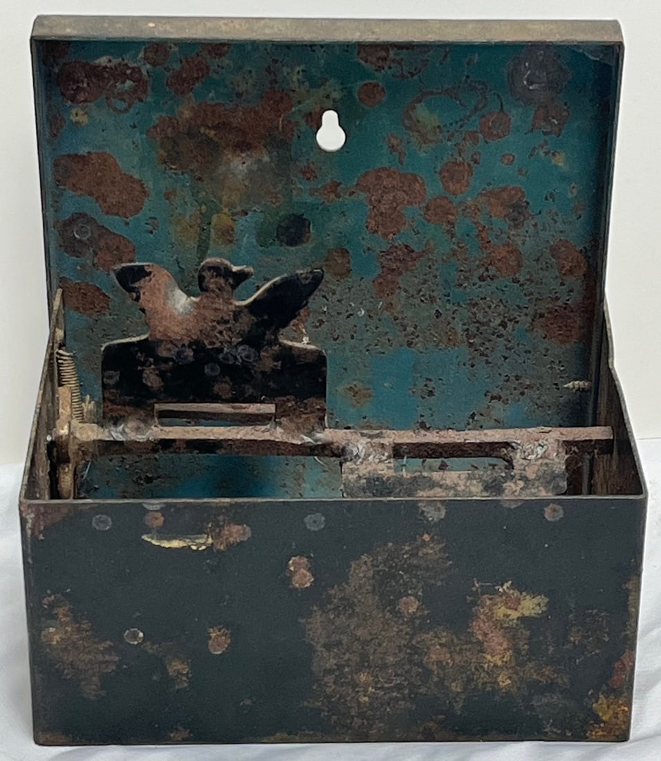 Vintage Cut Steel Double Target Shooting Gallery Mechanism in Steel Box (Eagle, Rabbit, Duck, etc.: Early Vintage Cut Steel Target Shooting Gallery Mechanism in Steel Box with Eagle, Rabbit, Duck, etc. Silhouettes), Early mechanical shooting gallery target assembly housed in a painted metal box, lik