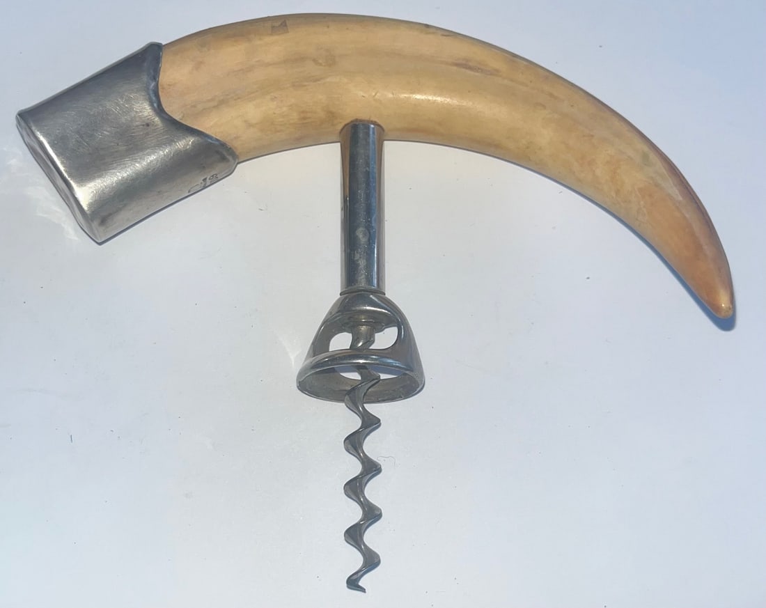 Vintage Sterling Silver & Carved Boars Tusk Handle Corkscrew – Figural Barware (Marked: Vintage Sterling Silver & Carved Boars Tusk Handle Corkscrew – Figural Barware (Marked Sterling 109), Striking vintage corkscrew featuring a sculptural curved handle made from what appears to be