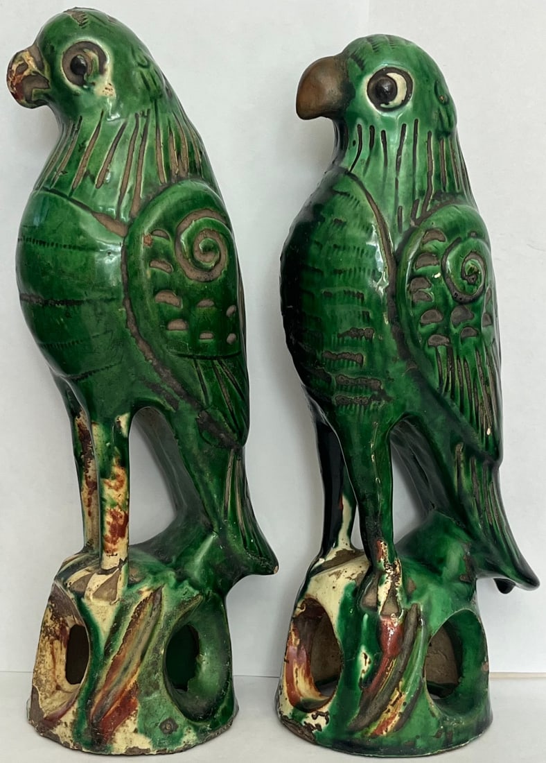 Vintage Pair Chinese Export Shiwan Green Glazed Pottery Parrots: Vintage Pair Chinese Export Shiwan Green Glazed Pottery Parrots, Pair of vintage Chinese pottery parrots produced in the Shiwan kilns of Guangdong, China. These decorative bird figures feature a vivid