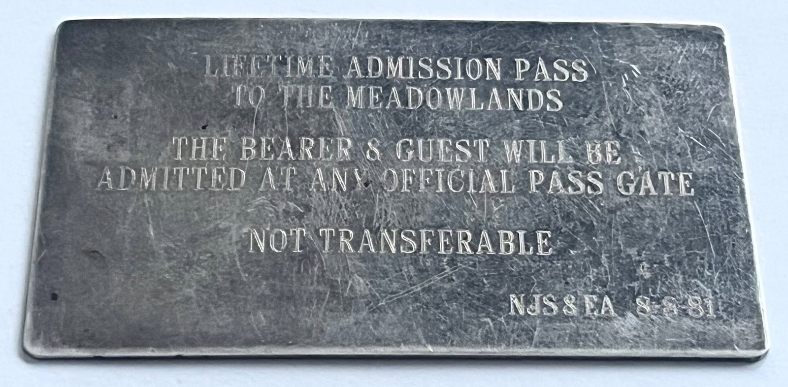 Sterling Silver Lifetime Admission Pass, The Meadowlands NJSEA 1981, Issued to Harness Racing Legend: Sterling Silver Lifetime Admission Pass, The Meadowlands NJSEA 1981, Issued to Harness Racing Legend Delvin Miller, WEIGHS 36.29 GRAMS (1.168 TROY OZS), Rare sterling silver lifetime admission pass is
