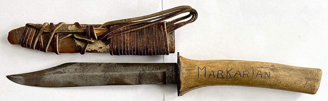 WWII U.S. Fighting Knife P.C.Co. Bridgeport Conn No.541, Named “MARKARIAN”, Bone Handle,: WWII U.S. Fighting Knife P.C.Co. Bridgeport Conn No.541 – Named “MARKARIAN” – Bone Handle w/ Field-Made Sheath, Original World War II era U.S. fighting / utility knife manufact