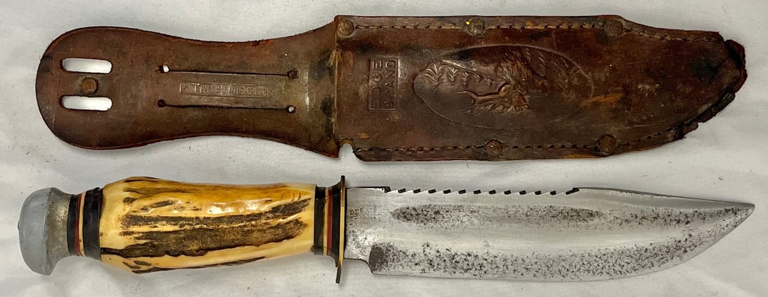 Vintage Edge Brand Solingen Germany Model 488 Stag Handle “White Hunter” Knife w/ Sheath: Vintage Edge Brand Solingen Germany Model 488 Stag Handle “White Hunter” Knife w/ Sheath, Vintage Edge Brand hunting knife made in Solingen, Germany, featuring the classic White Hunter sty