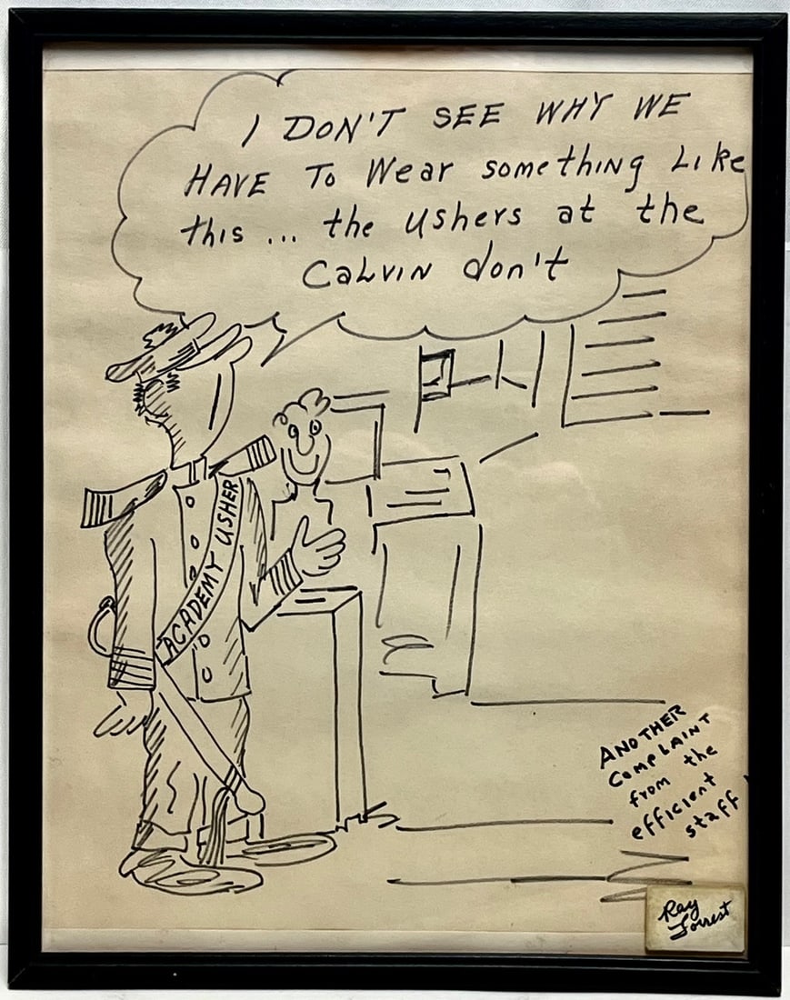 Ray Forrest Original Cartoon Drawing – “Academy Usher” Satirical Cartoon –: Ray Forrest Original Cartoon Drawing – “Academy Usher” Satirical Cartoon – Framed Ink Illustration, Original pen-and-ink cartoon drawing by Ray Forrest, featuring a humorous sa