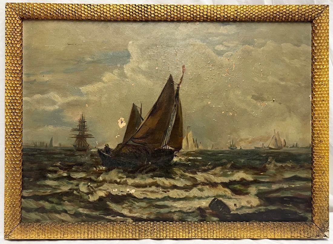 19th Century Maritime Oil On Canvas Painting – Sailing Vessels in Rough Seas, Gilt Frame: 19th Century Maritime Oil on Canvas Painting – Sailing Vessels in Rough Seas, Gilt Frame, Antique maritime oil painting on canvas depicting a dramatic seascape with multiple sailing vessels navi