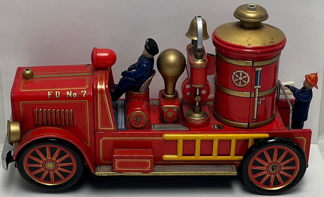Vintage Japanese Tin Lithograph Battery-Operated Fire Engine Toy “F.D. No. 7” w/: Vintage Japanese Tin Lithograph Battery-Operated Fire Engine Toy “F.D. No. 7” w/ Firefighters – 1960s, Vintage battery-operated tin lithograph fire engine toy marked “F.D. No.