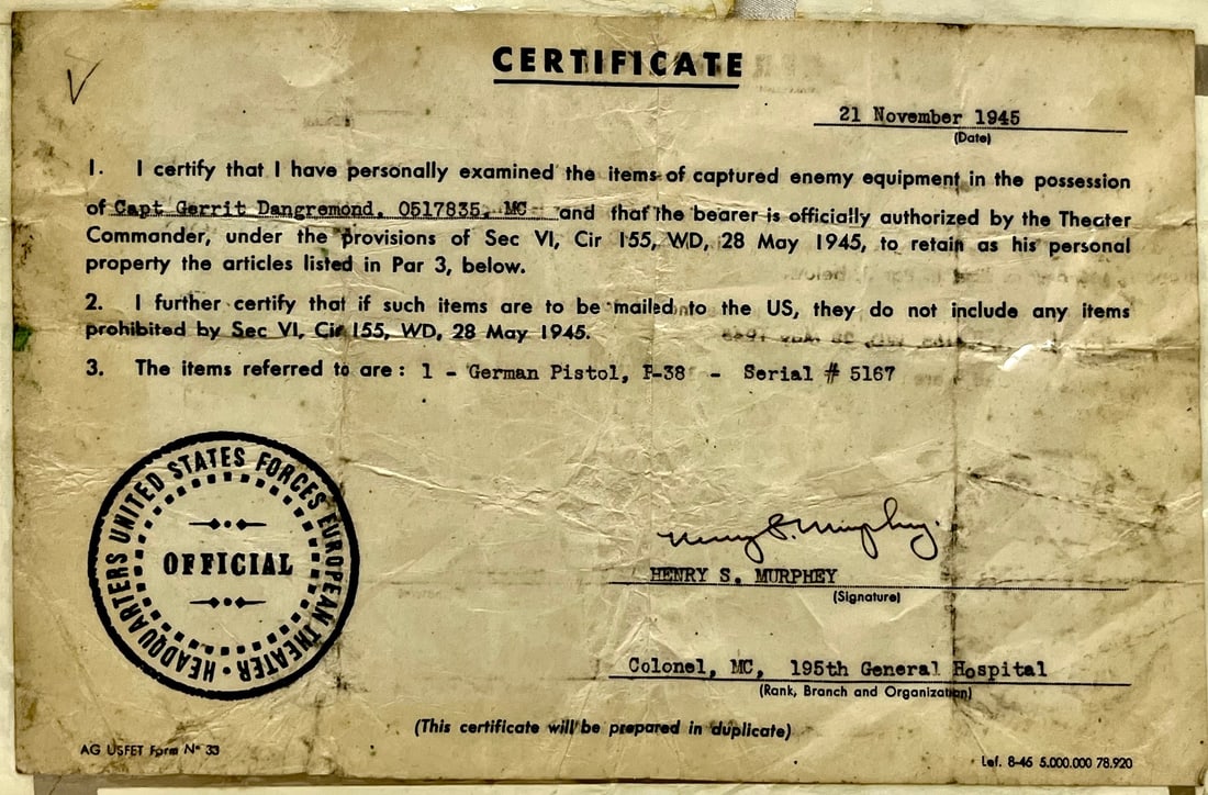 WWII U.S. Forces European Theater “Captured Enemy Equipment” Certificate, German P-38: Framed WWII U.S. Forces European Theater “Captured Enemy Equipment” Certificate – German P-38 Pistol Bring-Back (1945), Original World War II U.S. Army certificate dated 21 November