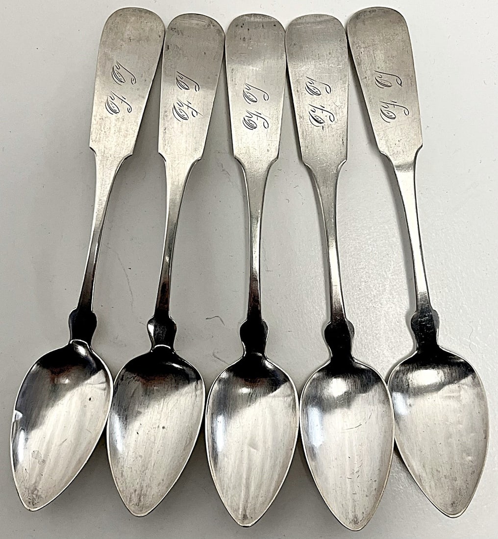 Set of 5 Antique Coin Silver Teaspoons – S&H Gerould, Massachusetts c.1830–1860,: Set of 5 Antique Coin Silver Teaspoons – S&H Gerould, Massachusetts c.1830–1860, Monogrammed, Set of five antique American coin silver teaspoons made by S & H Gerould (Samuel & Hiram Gerou