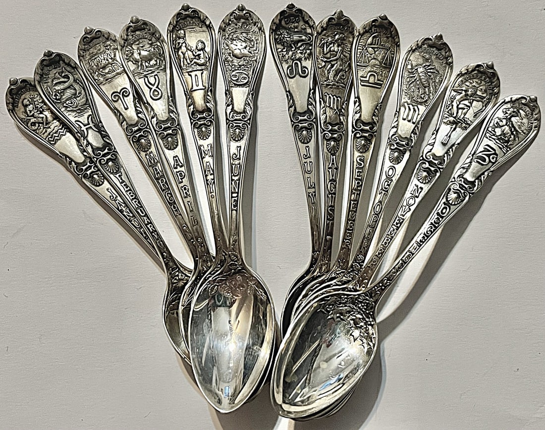 Vintage M&B Sterling Silver Zodiac Demitasse Spoon Set – 12 Signs – Figural Astrology: Vintage M&B Sterling Silver Zodiac Demitasse Spoon Set – 12 Signs – Figural Astrology Handles – 134.26g Total Grams (4.23 troy ounces / 86.34 DWT), Complete set of twelve vintage ste