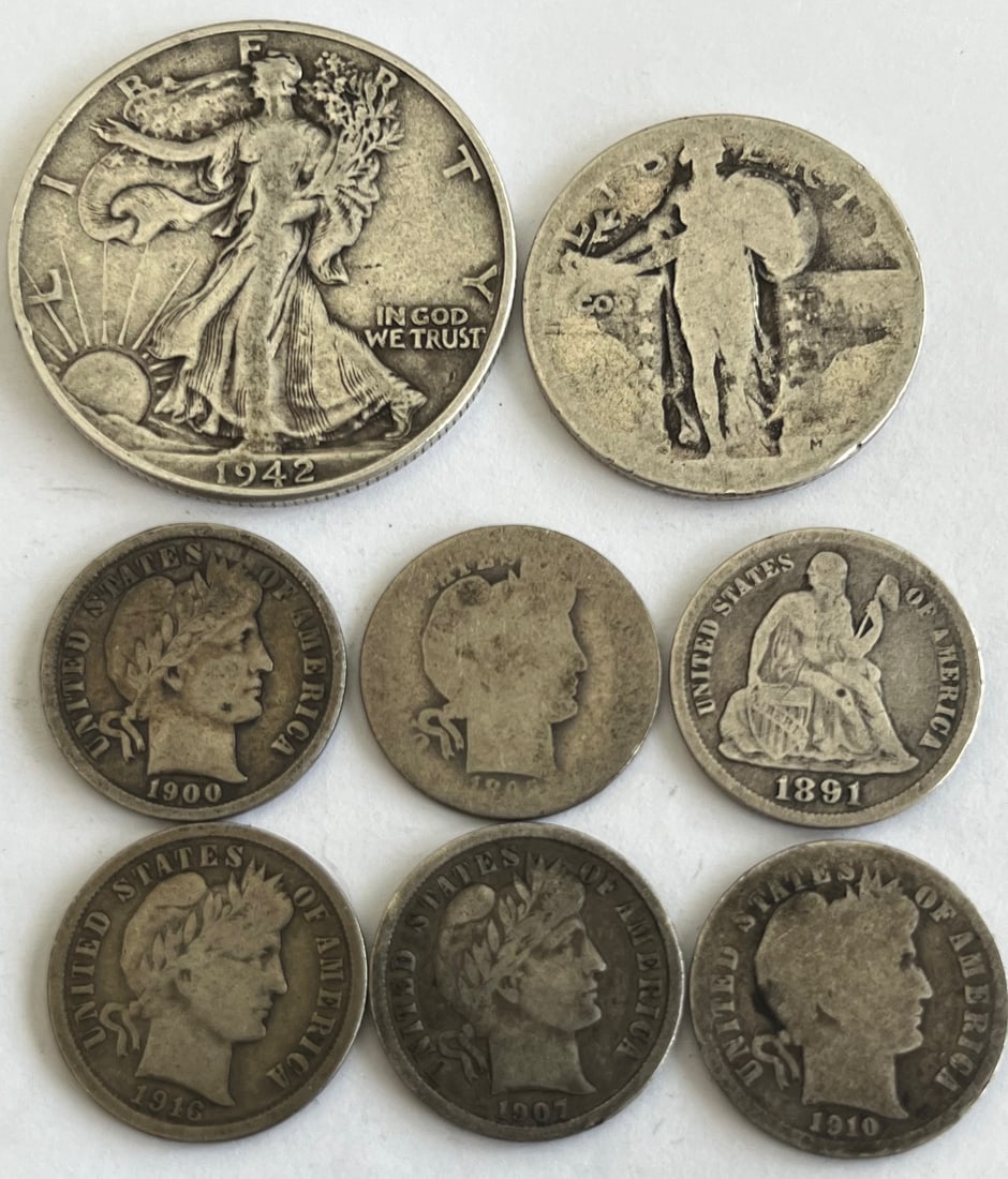Mixed U.S. 90% Silver Coin Lot – Walking Liberty Half, Seated & Barber Dimes (1891–1916) (1 of 12)