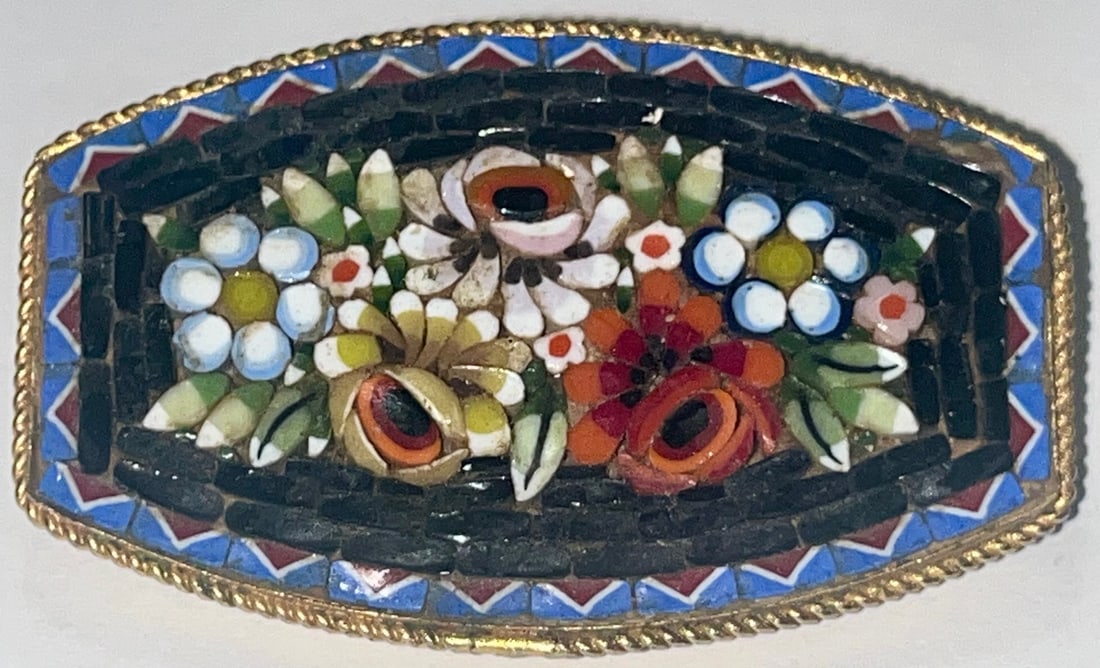Large Antique Italian Micro Mosaic Floral Brooch in Gilt Brass Pin-Back Frame: Large Antique Italian Micro Mosaic Floral Brooch in Gilt Brass Pin-Back Frame, Antique Italian micro mosaic brooch featuring a colorful floral arrangement composed of tiny hand-cut glass tesserae. The