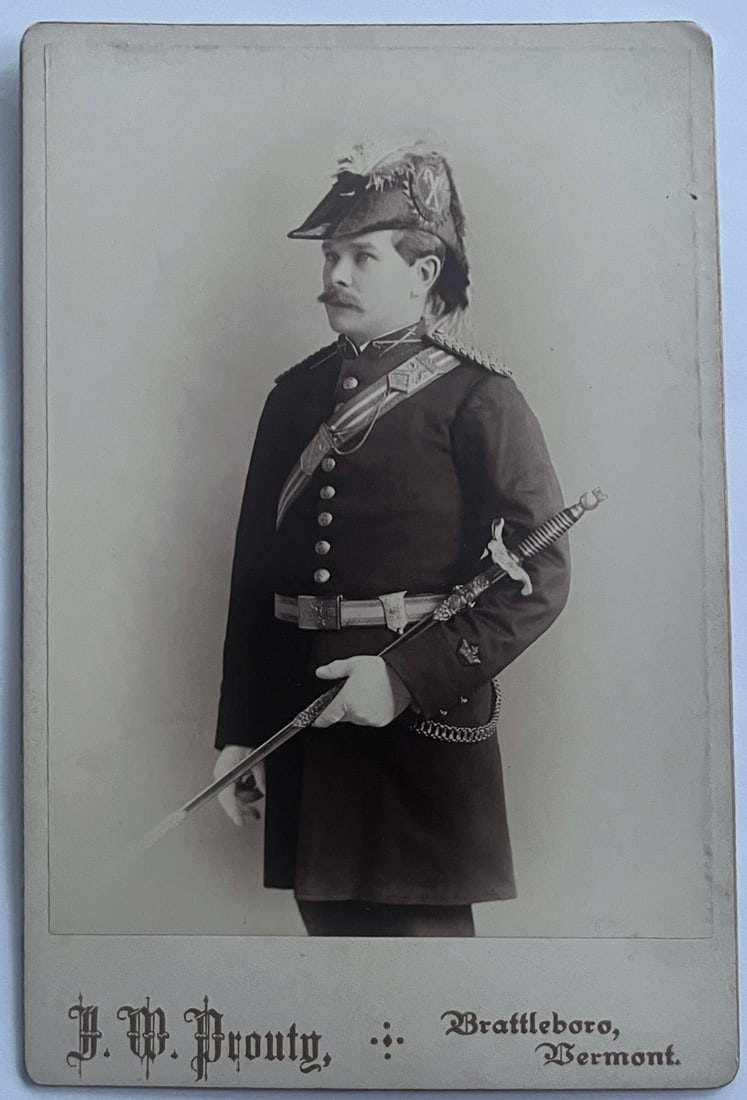 Antique Cabinet Card Photograph of Fraternal / Militia Officer with Sword – J.W. Prouty,: Antique Cabinet Card Photograph of Fraternal / Militia Officer with Sword – J.W. Prouty, Brattleboro Vermont (c.1885–1895), Original antique cabinet card photograph by J. W. Prouty of Brat