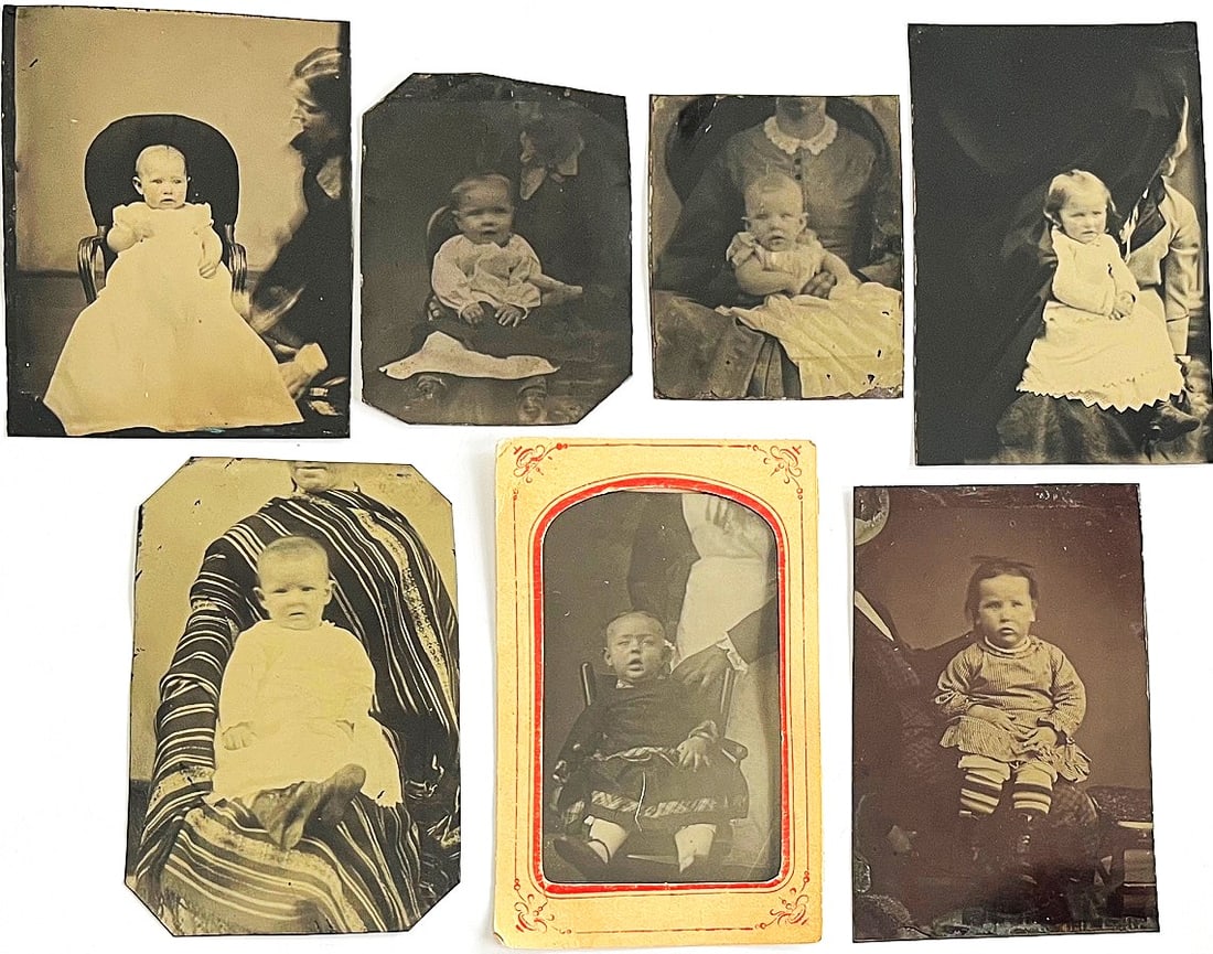 Collection of 7 Civil War Era Tintype Photographs – Victorian Babies & Hidden Mothers –: Collection of 7 Civil War Era Tintype Photographs – Victorian Babies & Hidden Mothers or Assistants – 1860s Antique Ferrotypes, A collection of seven (7) original 19th-century tintype phot