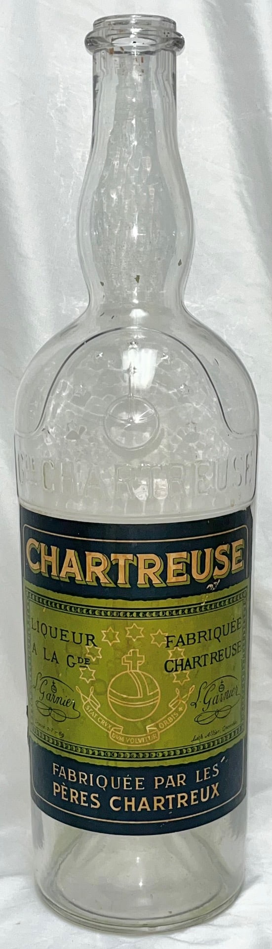Vintage Giant French Chartreuse Liqueur Display Bottle, 23" Tall, Embossed “La: Vintage Giant Chartreuse Liqueur Display Bottle – 23" Tall – Embossed “La Chartreuse” – Déposé 1-7-69 – French Advertising Display, Large vintage Chartreu