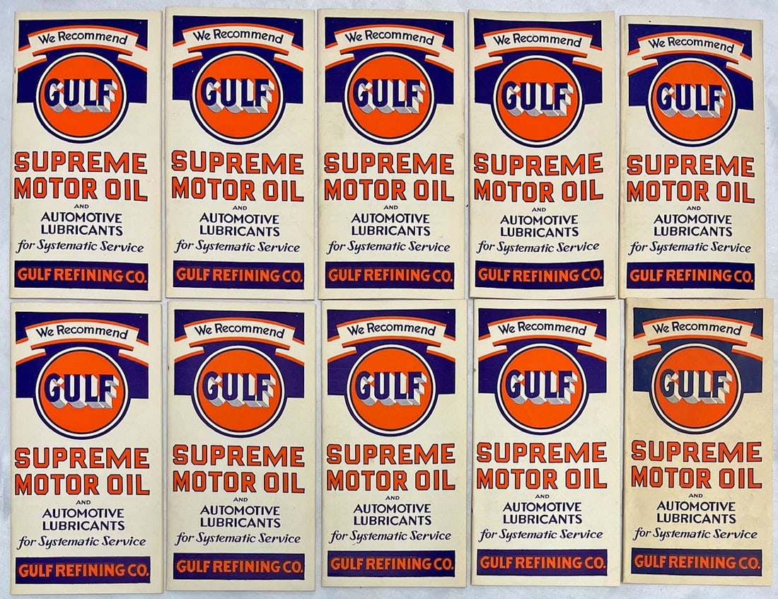 Lot of 10 NOS 1930s Gulf Supreme Motor Oil Automotive Lubrication Record Booklets – Deerfield: Lot of 10 NOS 1930s Gulf Supreme Motor Oil Automotive Lubrication Record Booklets – Gulf Refining Co. Advertising – Deerfield MA, Offered here is a lot of ten (10) New Old Stock vintage Gu