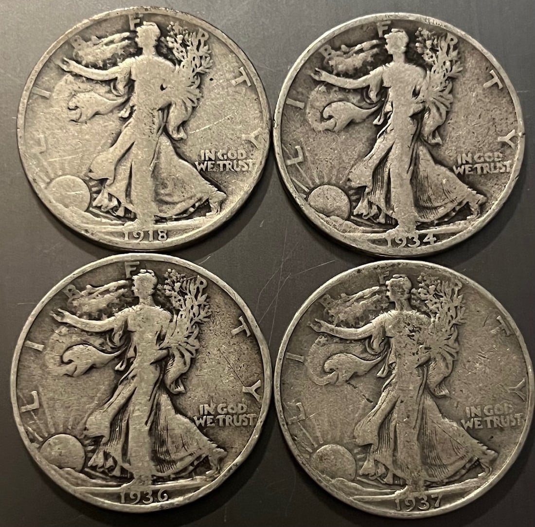 LOT OF FOUR (4) 1918–1937 U.S. Walking Liberty Silver Half Dollar Lot (4 Coins) – 90% US: LOT OF FOUR (4) 1918–1937 Walking Liberty Silver Half Dollar Lot (4 Coins) – 90% US Silver, TOTAL WEIGHT 48.16 GRAMS / 1.55 TROY OZS / 30.97 DWT (PENNY WEIGHT). Offered is a lot of four au