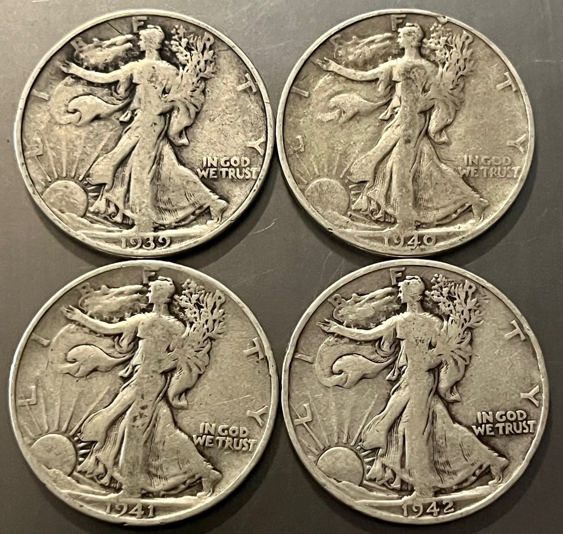 Lot of Four (4) U.S. Walking Liberty Silver Half Dollars 1939–1942, 90% Silver Coins: Lot of Four (4) U.S. Walking Liberty Silver Half Dollars 1939–1942, 90% Silver Coins, Lot of four authentic Walking Liberty Half Dollar coins struck by the United States Mint between 1939 and 19