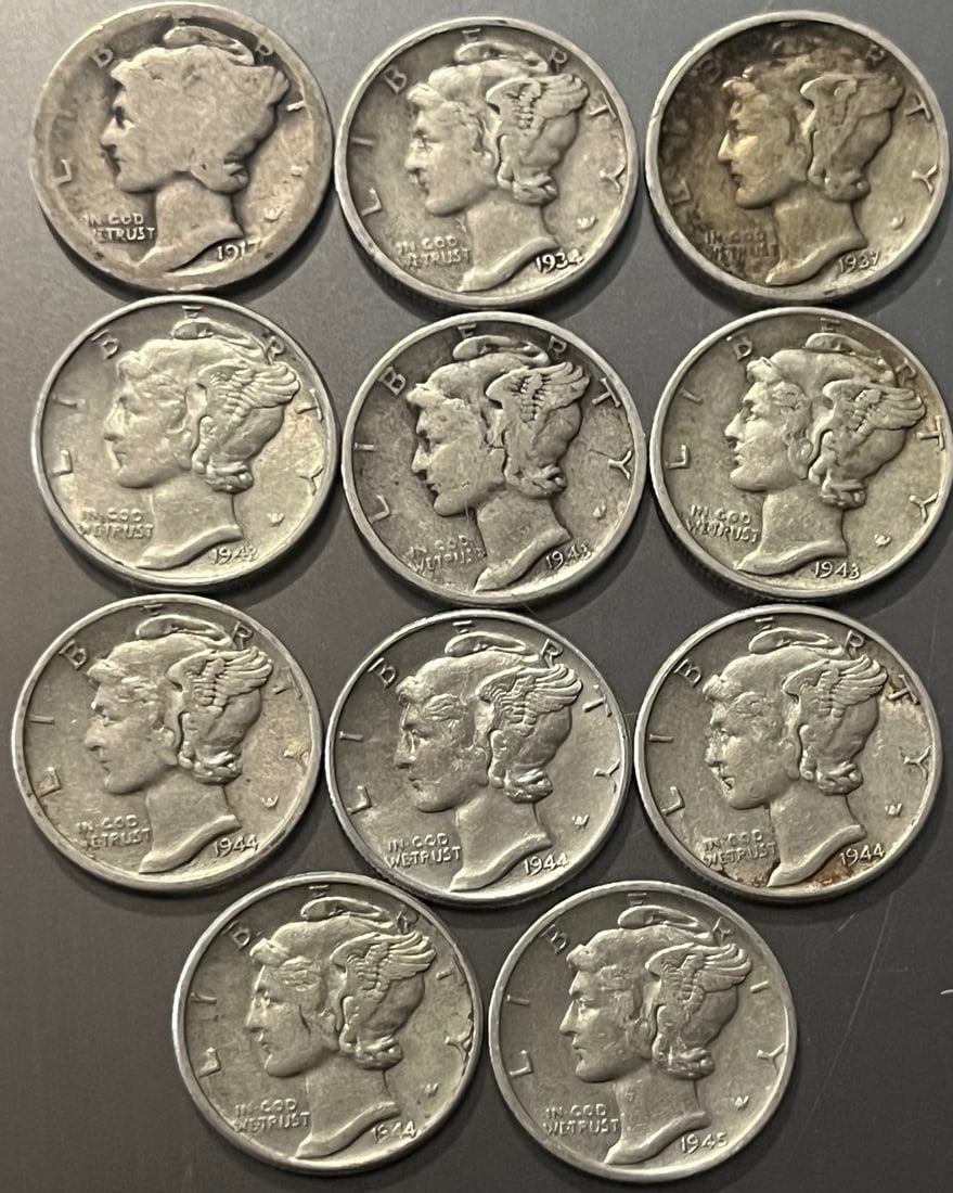 13 U.S. Mercury Silver Dimes 1917–1945, 90% Silver Coin Lot: Lot of Thirteen (13) U.S. Mercury (Winged Liberty Head) silver dimes minted by the United States between 1917 and 1945. TOTAL WEIGHT 27.05 GRAMS / 17.39 DWT (PENNY WEIGHT). These classic American coin