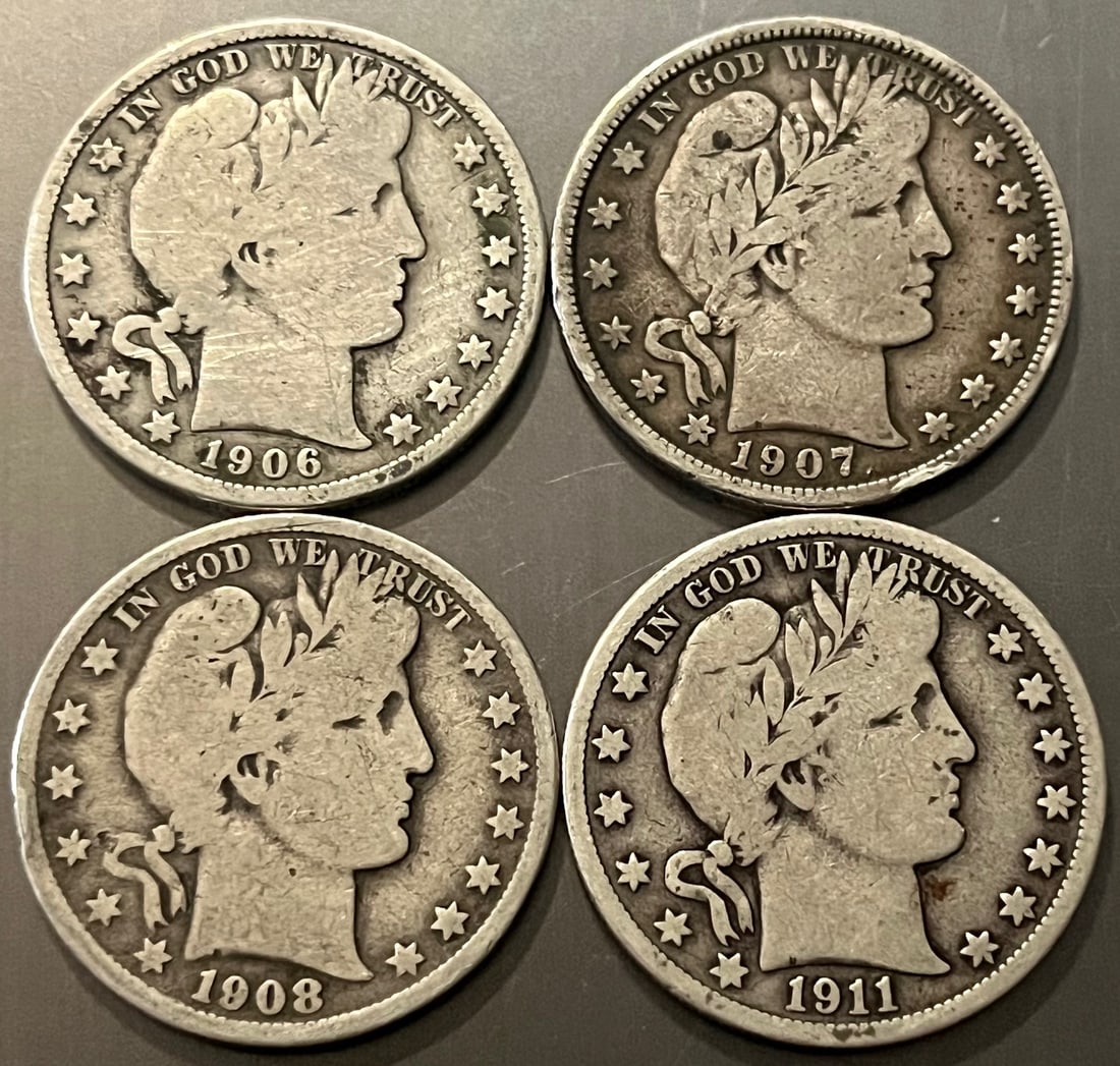 Lot of Four (4) Antique U.S. Barber Silver Half Dollars 1906, 1907-D, 1908-D & 1911 – 90% US: Lot of Four (4) Antique U.S. Barber Silver Half Dollars 1906, 1907-D, 1908-D & 1911 – 90% US Silver Coins, Offered is a lot of four authentic Barber Half Dollar coins from the early 20th century