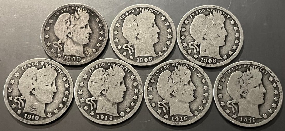 Lot of Seven (7) U.S. Barber Silver Quarters (1900–1916), 90% Silver, Better Dates, 40.48: Lot of Seven (7) U.S. Barber Silver Quarters (1900–1916) – 90% Silver – Better Dates – 40.48g Total Weight, Offered here is a lot of 7 authentic Barber (Liberty Head) silver qu