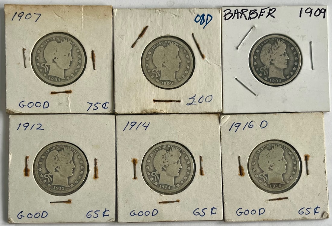 Lot of Six (6) 1907–1916 U.S. Barber Silver Quarters – 90% Silver Lot, 1909 Key Date: Lot of Six (6) 1907–1916 U.S. Barber Silver Quarters – 90% Silver Lot, 1909 Key Date – Good Condition, Offered here is a lot of 6 vintage U.S. Barber silver quarters spanning 1907