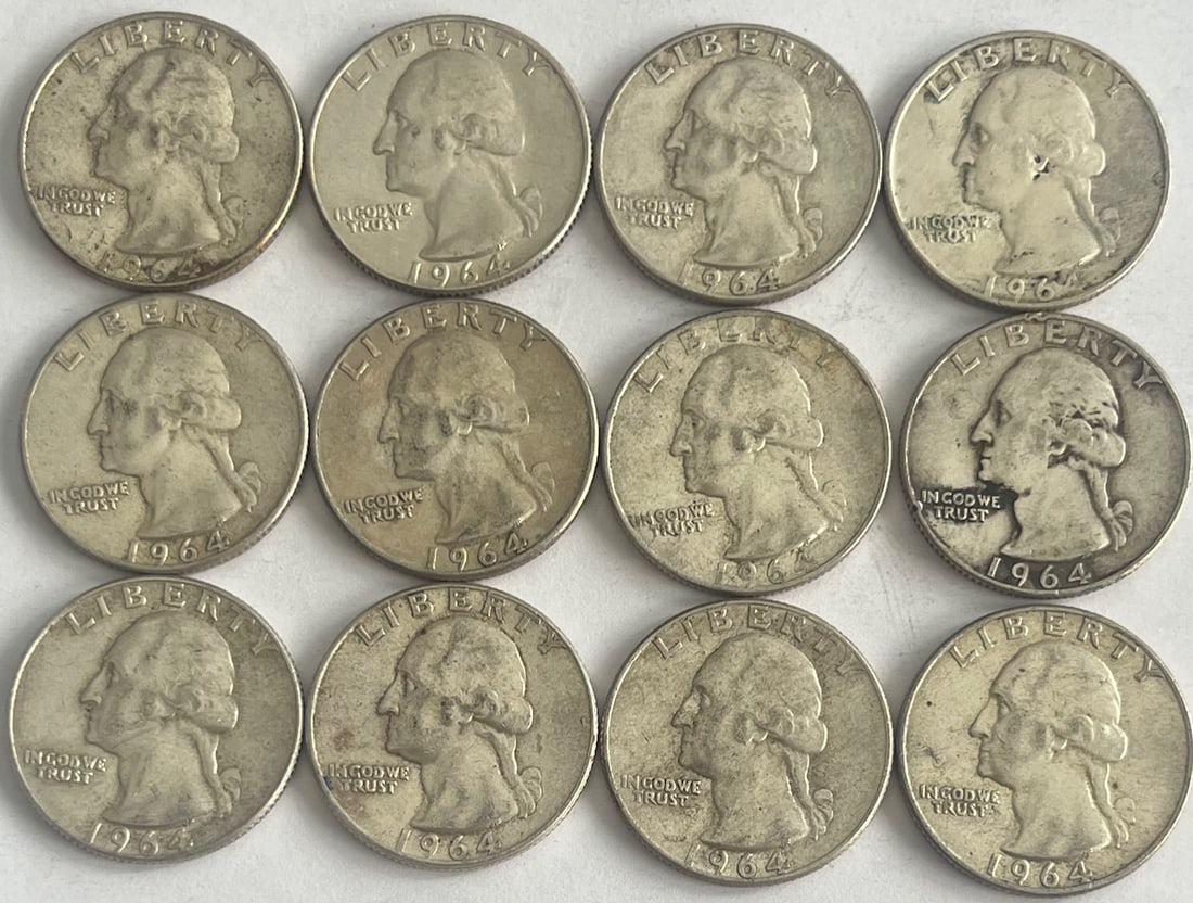 Lot of Twelve (12) 1964 Silver U.S. Washington Quarters Lot – 90% Silver Bullion – (1 of 5)