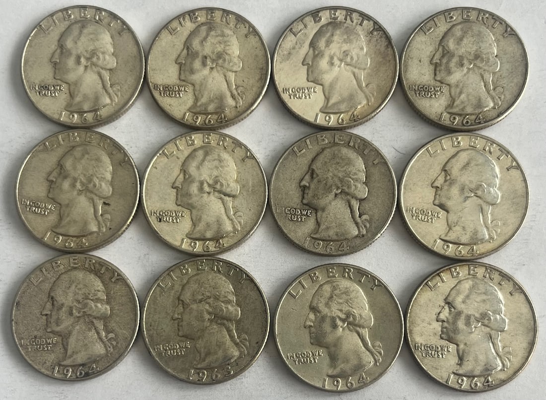 Lot of Twelve (12) 1964 Silver U.S. Washington Quarters Lot – 90% Silver Bullion – 75.1 (1 of 7)