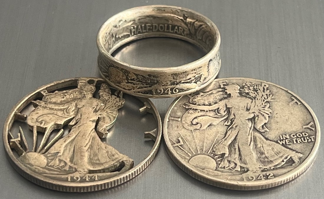 Lot of 3, 1942 Walking Liberty U.S. Silver Half Dollar,1946 Walking Liberty Half Dollar Coin Ring,: Lot of three (3) U.S. 90% Silver Walking Liberty Half Dollars - 1942 Walking Liberty U.S. Silver Half Dollar,1946 Walking Liberty Half Dollar Coin Ring and a Cut art work 1944 Walking Liberty Half Dol