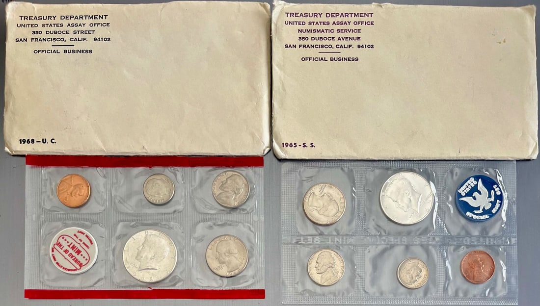 1965 & 1968 U.S. Mint Special Mint Sets (SMS), Original Packaging, Kennedy Half Dollars, Complete: 1965 & 1968 U.S. Mint Special Mint Sets (SMS) – Original Packaging – Kennedy Half Dollars, Complete Sets w/ Tokens, Offered here are two original United States Mint Special Mint Sets (SMS)