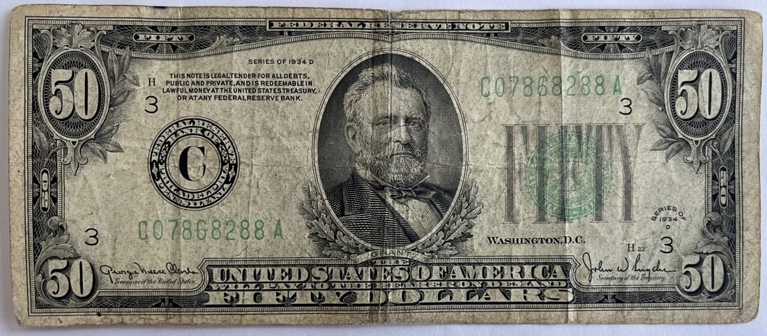 1934-D $50 Federal Reserve Note Chicago FRN Ulysses S. Grant – Circulated Large Currency: 1934-D $50 Federal Reserve Note Chicago FRN Ulysses S. Grant – Circulated Large Currency, Denomination: $50, Series: 1934-D, Federal Reserve District: Chicago (C), Serial Number: C07868288A, Sig