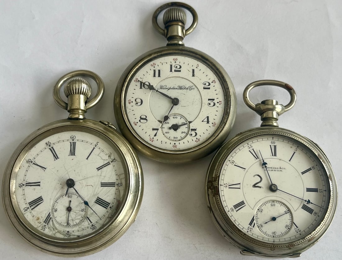 Antique Pocket Watch Lot, 3 Watches, E. Howard & Co Boston Silverine, Hampden Watch Co, Open Face, (1 of 18)