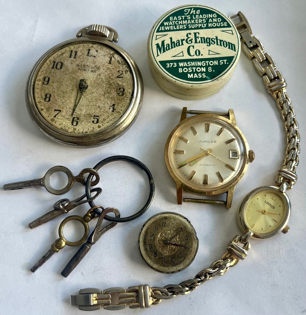 Vintage Watch Lot – Westclox Pocket Ben, Jubilee Automatic, Lorus Bracelet Watch, Keys & Mahar: Vintage Watch Lot – Westclox Pocket Ben, Jubilee Automatic, Lorus Bracelet Watch, Keys & Mahar & Engstrom Tin, Mixed lot of vintage watches, watch parts, and accessories, ideal for collectors, r
