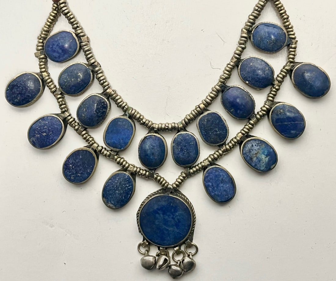 Vintage Afghan / Kuchi Lapis Lazuli & White Metal Bib Necklace with Dangles: Vintage Afghan / Kuchi Lapis Lazuli & White Metal Bib Necklace with Dangles, Striking vintage tribal statement necklace, likely Afghan Kuchi or Central Asian in origin, featuring multiple bezel-set bl