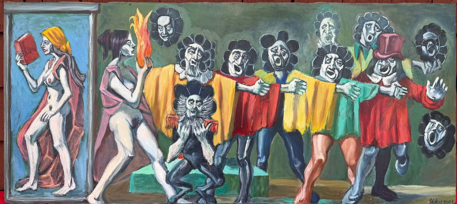 Herbert Leopold (1920–2009) Surrealist Oil Painting on Board, Signed 2001 – Figural: Herbert Leopold (1920–2009) Surrealist Oil Painting on Board, Signed 2001 – Figural Theatre Scene, Original surrealist oil painting on board by listed artist Herbert Leopold (1920–20