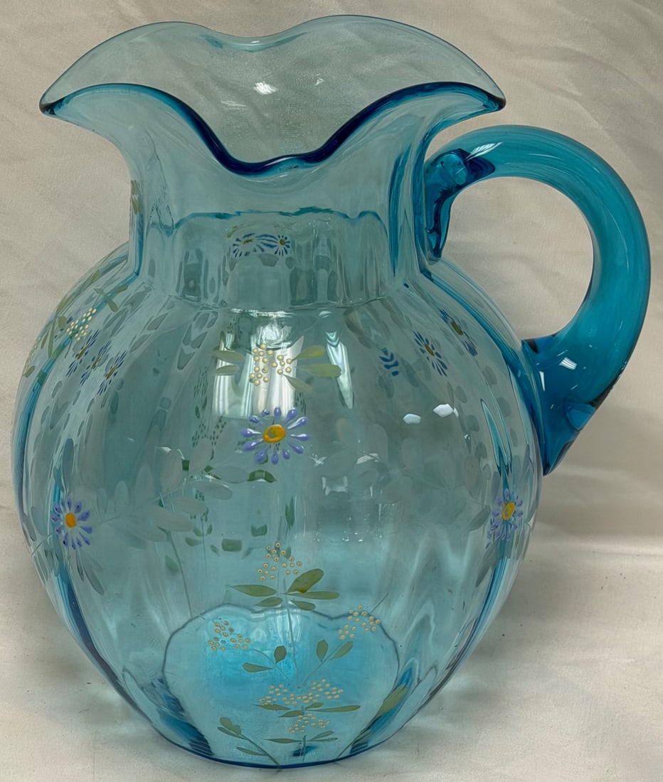 Antique Hand Blown Aqua Blue Art Glass Pitcher w/ Enamel Floral Decoration – Ruffled Rim: Antique Hand Blown Aqua Blue Art Glass Pitcher w/ Enamel Floral Decoration – Ruffled Rim, Beautiful antique hand-blown art glass pitcher featuring a soft aqua blue body with a darker applied han