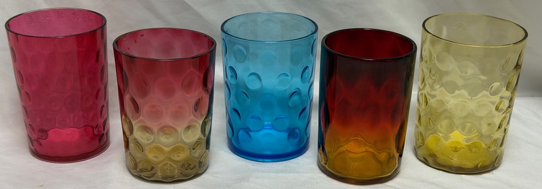 Lot of Five (5) Vintage / Antique Victorian & L.E. Smith Coin Dot Art Glass Tumblers, Amberina,: Lot of Five (5) Vintage / Antique Victorian & L.E. Smith Coin Dot Art Glass Tumblers – Amberina, Ruby, Blue, amber, Offered is a beautiful group of five vintage / antique pressed & hand blown ar
