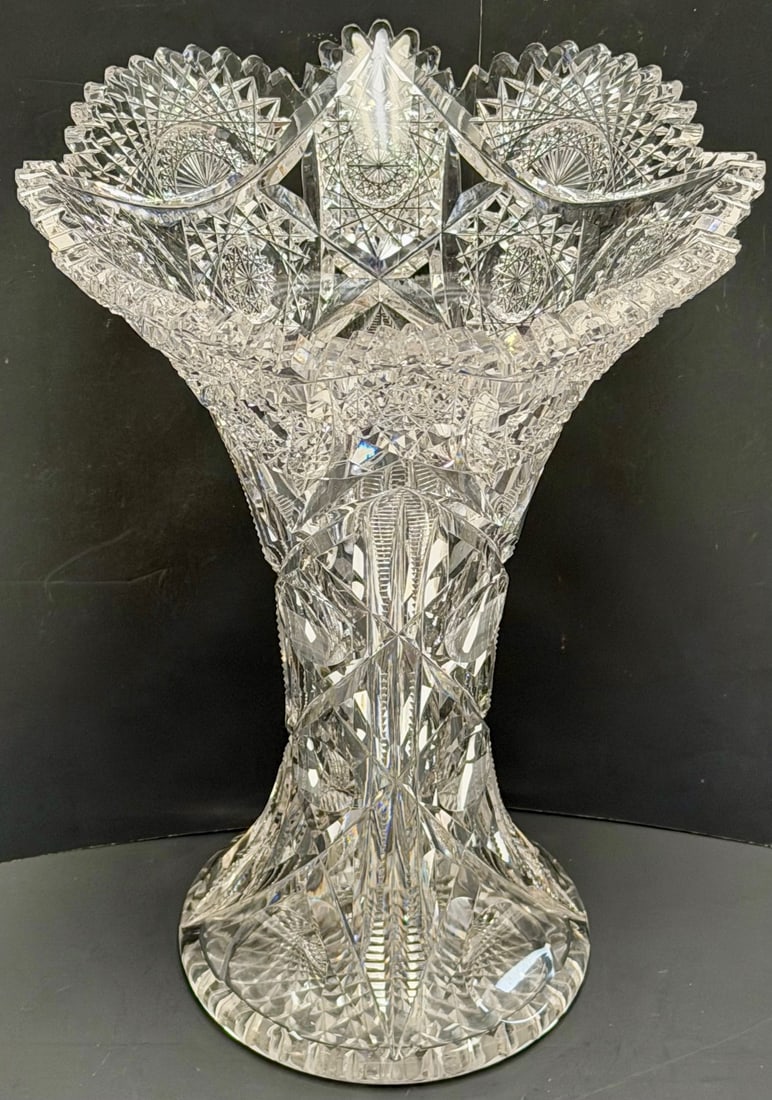 Monumental American Brilliant Cut Glass Trumpet Vase – Heavy ABP Crystal, Hobstar & Fan: Monumental American Brilliant Cut Glass Trumpet Vase – Heavy ABP Crystal, Hobstar & Fan Pattern, MEASURES APPROX. 11 1/2" HIGH, 8" DIAMETER TOP, 5" DIAMETER BASE; Stunning and monumental America
