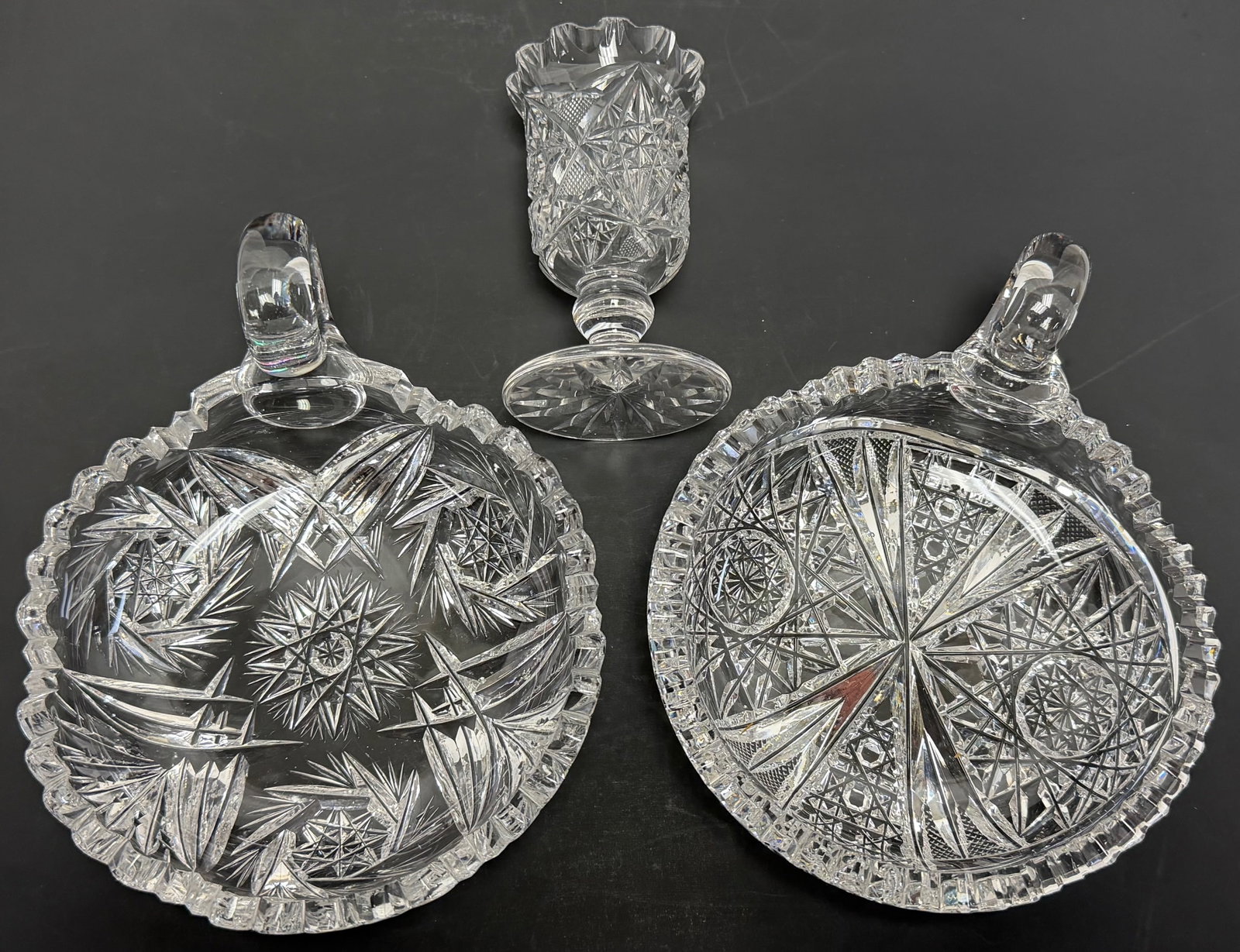 American Brilliant Period Cut Glass Serving Pcs, Handled Nappies & Pedestal Spooner, Starburst &: American Brilliant Period Cut Glass Serving Pieces – Handled Nappies & Pedestal Spooner – Starburst & Geometric Cut, Stunning three piece American Brilliant Period (ABP) cut glass grouping