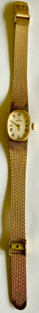 Vintage Omega Ladies Wristwatch 10K Gold Filled Mesh Bracelet, Kestenmade, Swiss Roman Dial: Vintage Omega Ladies Wristwatch 10K Gold Filled Mesh Bracelet Kestenmade Swiss Roman Dial, Elegant vintage Omega ladies wristwatch featuring a classic oval case with a refined Roman numeral dial. The