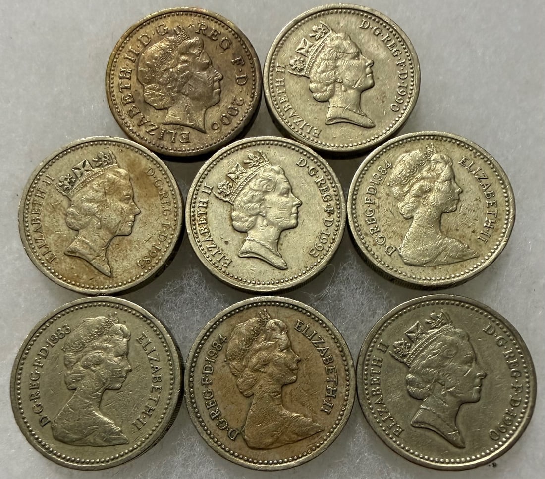 Lot of 8 Great Britain £1 Coins (1983–2003) – Mixed Designs – Circulated UK Pound Coins: Lot of 8 Great Britain £1 Coins (1983–2003) – Mixed Designs – Circulated UK Pound Coins, Lot of 8 vintage Great Britain one pound (£1) coins featuring Queen Elizabeth II, dated betwe