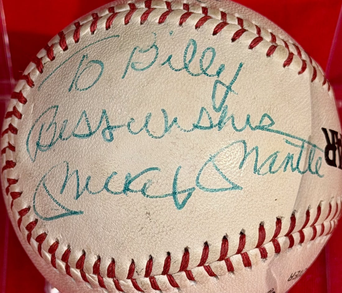 Mickey Mantle Signed Baseball “To Billy Best Wishes” w/ Andy Carey – Yankees Auto Ball: Mickey Mantle Signed Baseball “To Billy Best Wishes” w/ Andy Carey – Yankees Auto Ball MeiGray COA, Original autographed baseball featuring Hall of Famer Mickey Mantle with a personalized in