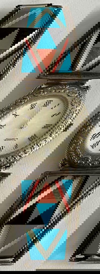Southwestern Zuni Sterling Silver Inlay Quartz Watch, Turquoise Coral Onyx Mother of Pearl (1 of 9)