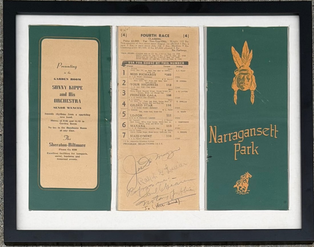 Joe DiMaggio Signed 1947 Narragansett Park Horse Racing Program – Framed w/ Ralph Lucier Autograph (1 of 11)