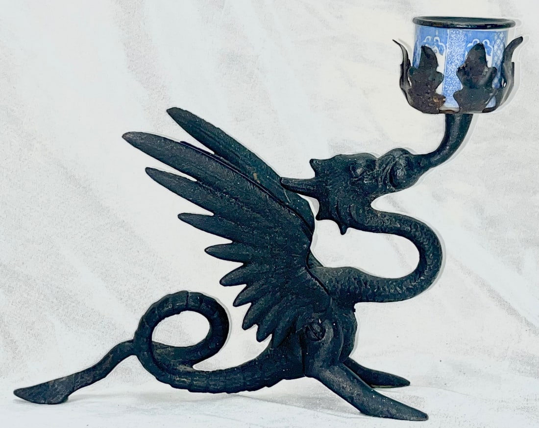 Cast Iron Winged Dragon Candlestick Holder w/ Blue Porcelain Insert – Gothic Mythical Beast (1 of 9)