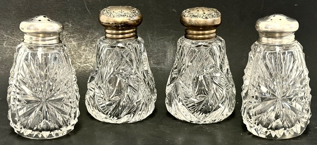 TWO (2) Pair Antique Cut Glass Salt & Pepper Shakers w/ STERLING SILVER Tops – K.R.W. & S Co. (1 of 15)
