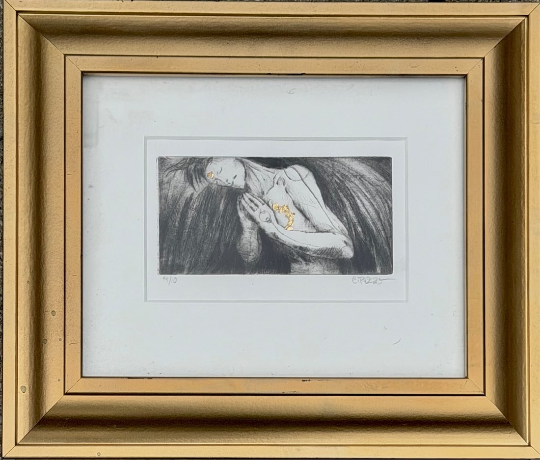Christine Puza Limited Ed. Dry Point Etching Gold Leaf, Signed C. Puza, 4/10, Framed Figurative Nude: Christine Puza Limited Edition dry point Etching with 23.5 Carat Gold Leaf, Signed C. Puza, Limited Edition 4/10, Titled, per the Artist, "THE WATCHER", A Figurative nude in a contemplative, prayer-li