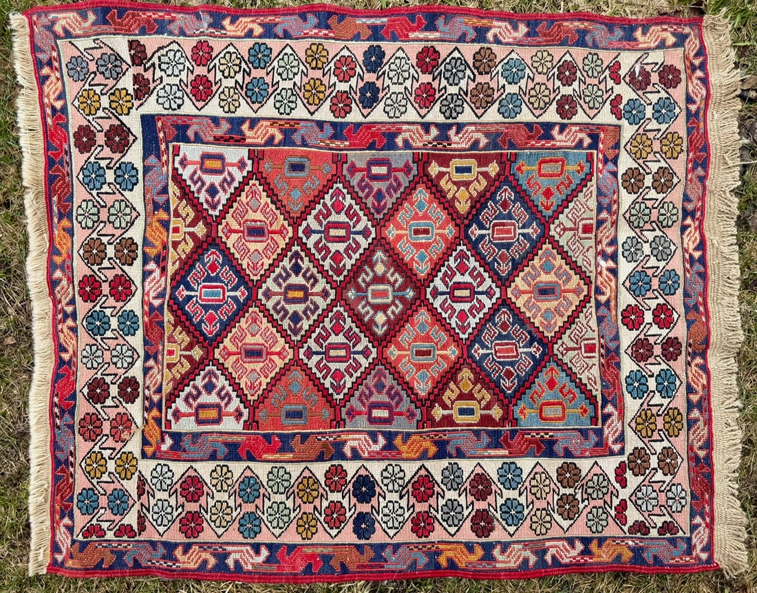 Vintage Handwoven Caucasian-Style Rug, Geometric Medallion Field w/ Floral Border, Approx.41" X 31" (1 of 14)