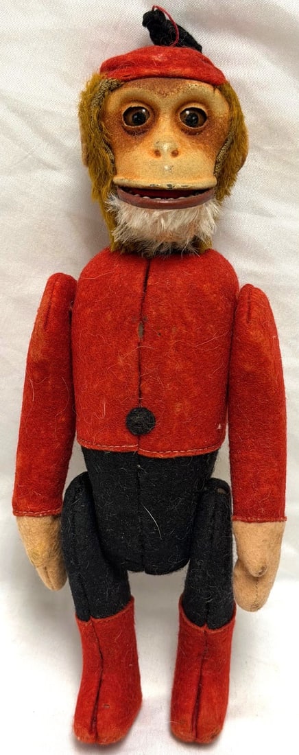 Vintage German Schuco “Yes/No” Bellhop Monkey Toy, Mohair & Felt, Tail-Operated Head (1 of 9)