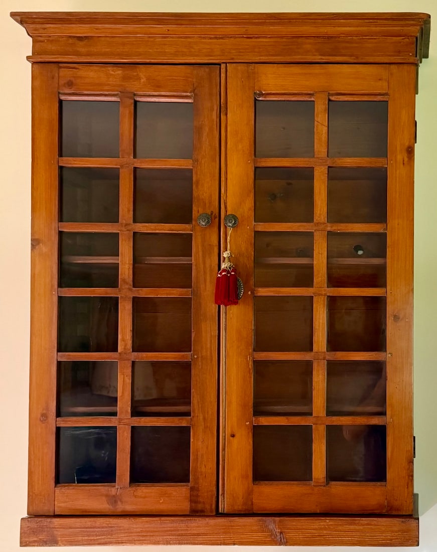 19th C. American Pine Hanging 2 Door Cupboard, Glazed Doors, Signed (1 of 10)
